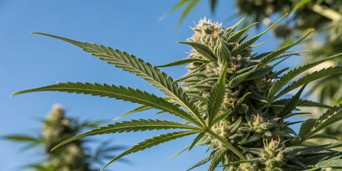 Close-up of a large, dense cannabis bud with green leaves against a bright blue sky.  