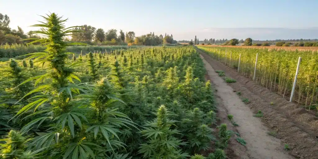 Extensive outdoor cannabis field with rows of lush plants and a dirt path under a clear sky.