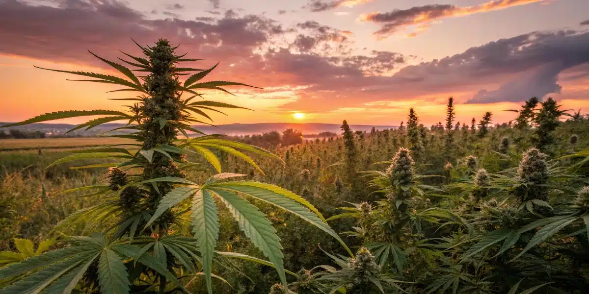 Outdoor cannabis field with flowering plants under a vibrant sunset sky, showing buds.  