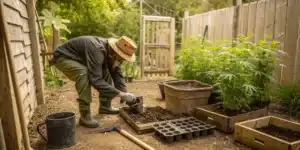 Gardener planting cannabis seedlings in an outdoor backyard with wooden planters, soil trays, and green plants growing nearby