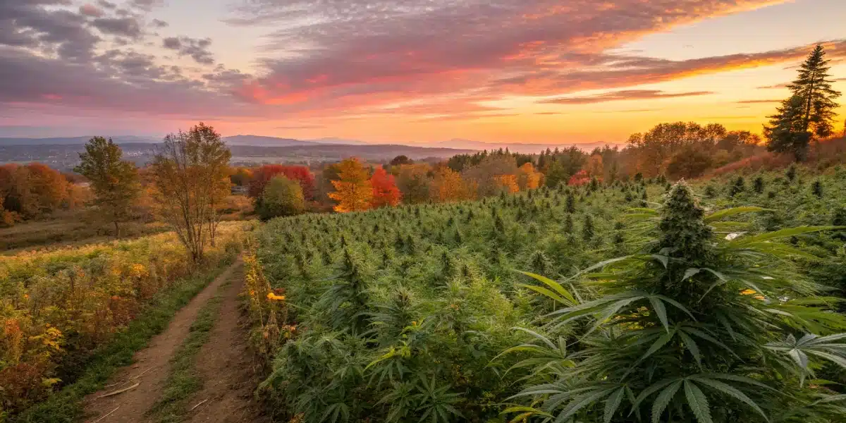 Lush outdoor marijuana field at sunset with green cannabis plants and autumn-colored trees in the background