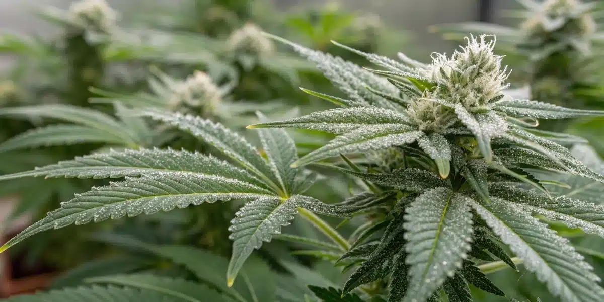 Close-up of a thriving weed plant with frosty trichomes, deep green leaves, and a dense flowering bud under natural light