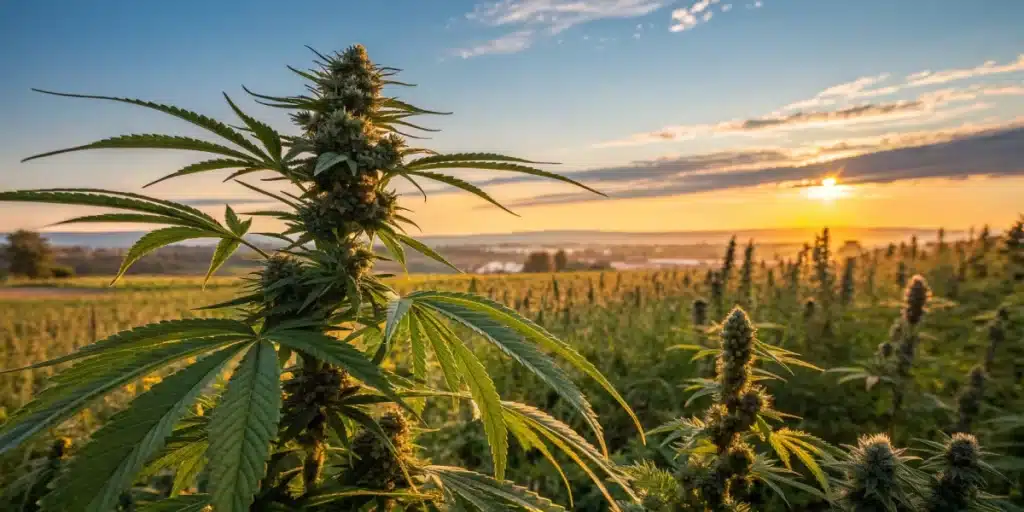 Outdoor cannabis field at sunset with tall, resinous marijuana plants ready for harvest, overlooking a scenic valley