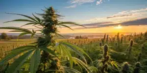 Outdoor cannabis field at sunset with tall, resinous marijuana plants ready for harvest, overlooking a scenic valley