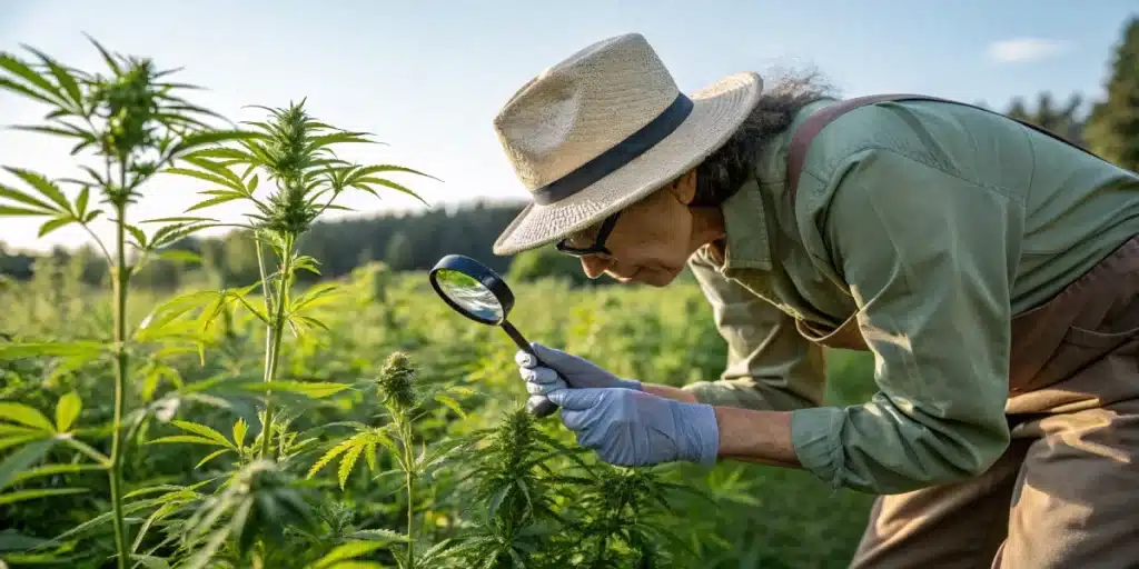 Experienced farmer wearing gloves and a hat closely inspecting outdoor cannabis buds with a magnifying glass to determine harvest readiness