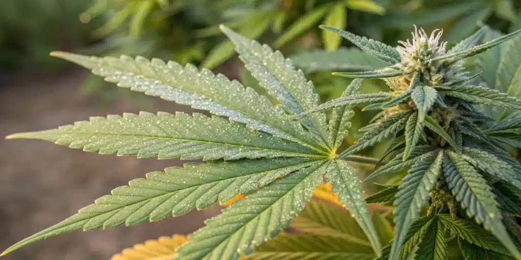 Close-up of a mature weed plant with trichome-covered leaves and dense buds glistening with morning dew in an outdoor garden