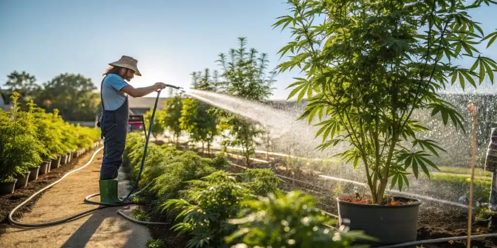 Gardener watering robust cannabis plants in the early morning, showcasing ideal conditions for when to plant weed outside