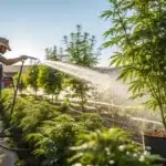 Gardener watering robust cannabis plants in the early morning, showcasing ideal conditions for when to plant weed outside
