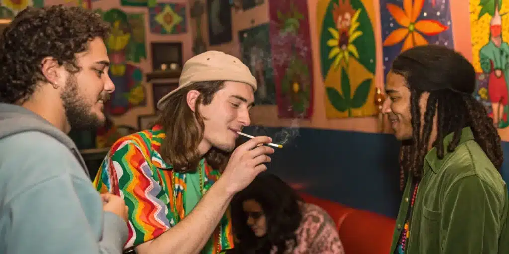 Group enjoying 90’s weed strains in a retro living room with vintage posters on walls.