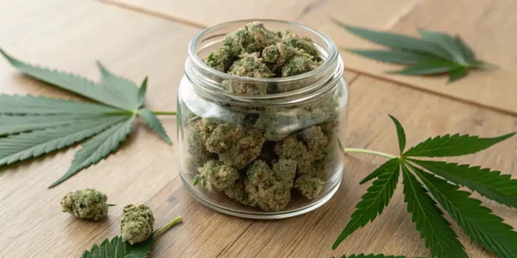 Close‑up of chunky buds from 90’s weed strains in a glass jar on a wooden surface.