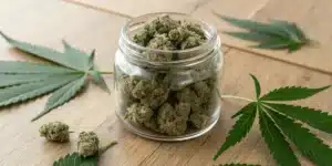 Close‑up of chunky buds from 90’s weed strains in a glass jar on a wooden surface.