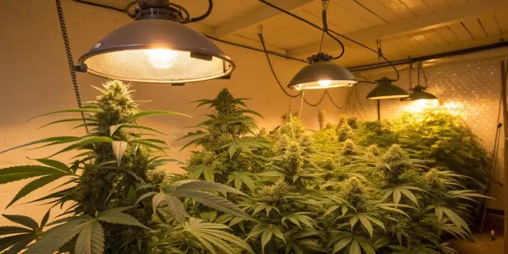 Indoor grow setup showcasing healthy cannabis plants from 90’s weed strains under vintage lighting.