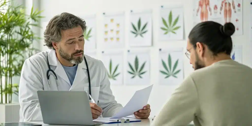 Realistic consultation scene between a doctor and patient discussing cannabis allergy symptoms, featuring medical charts and cannabis imagery.