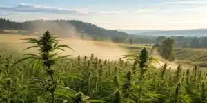 Realistic view of a cannabis field with pollen particles, illustrating factors that may cause allergic reactions in sensitive individuals.