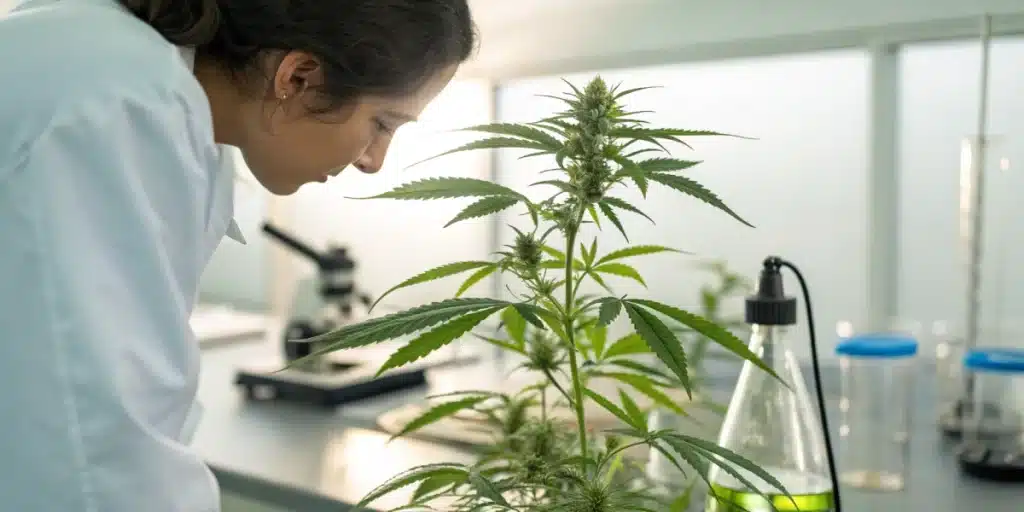 Realistic laboratory scene demonstrating a close-up examination of cannabis leaves and pollen, relevant to how people can be allergic to cannabis.