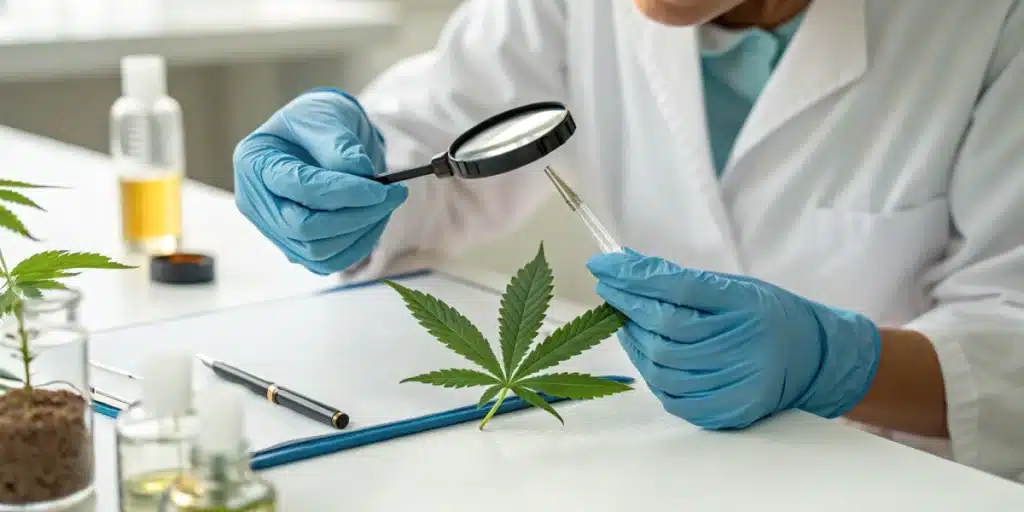 Realistic image of a person undergoing allergy testing for cannabis with close-up view of a dermatologist’s tools and cannabis leaves.