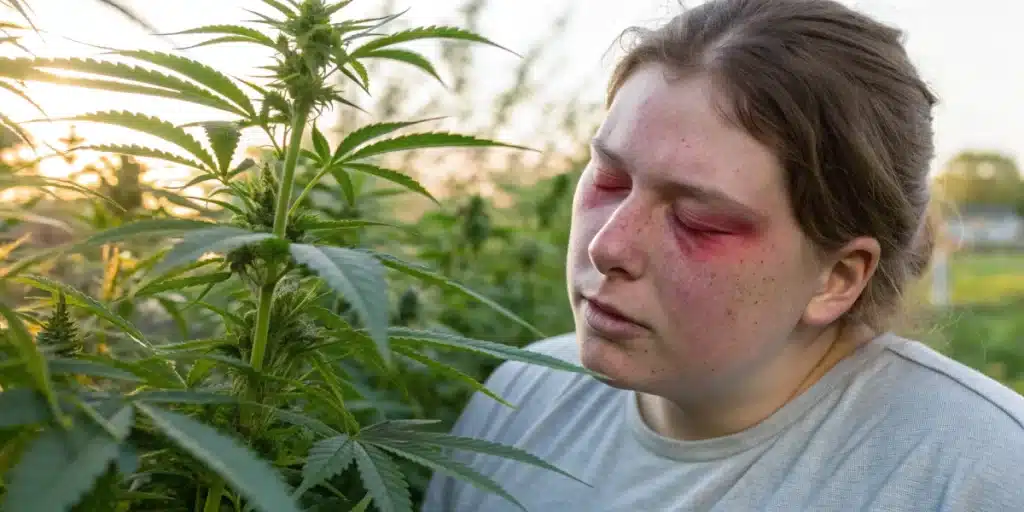 Realistic scene of a person experiencing mild allergic reactions while near cannabis plants in a naturally lit garden.