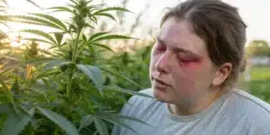 Realistic scene of a person experiencing mild allergic reactions while near cannabis plants in a naturally lit garden.