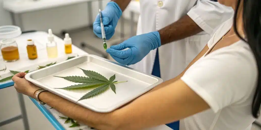 Realistic image of an allergist administering a skin prick test with cannabis extract to determine if people can be allergic to cannabis.