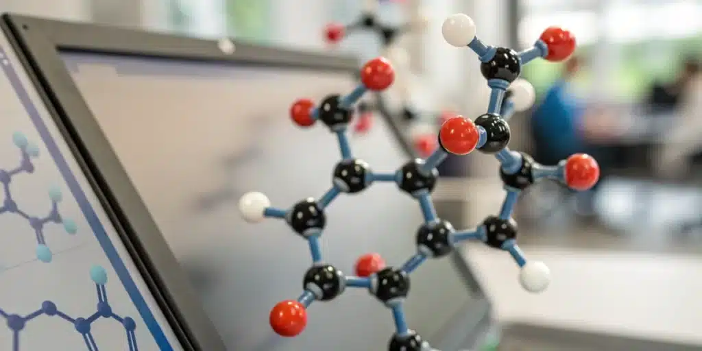 Realistic close-up of a 3D model of anandamide showing its molecular structure and interactions, clarifying what is anandamide.