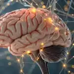 Realistic image of a human brain with molecular overlays illustrating what is anandamide and its role in mood regulation.