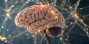 Realistic image of a human brain with molecular overlays illustrating what is anandamide and its role in mood regulation.