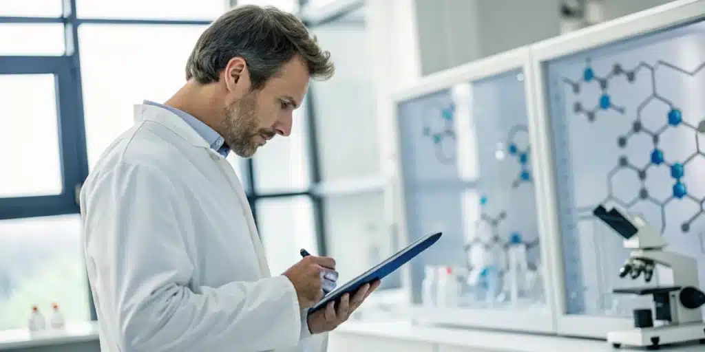 Realistic lab setting with a scientist reviewing digital data on molecular structures, emphasizing research on what is anandamide.