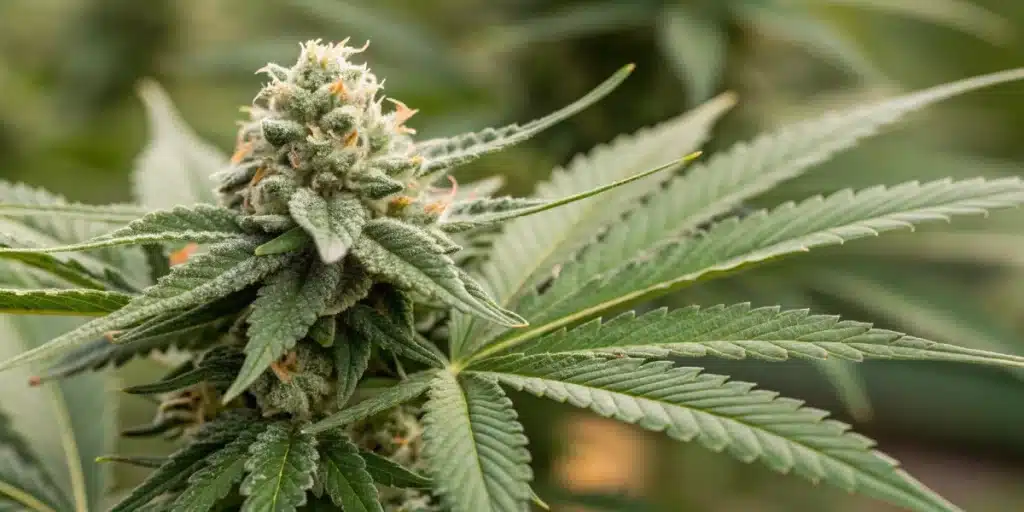 Close‑up Cannabis Plant Anatomy Diagram of a flowering bud with visible trichomes and pistils.