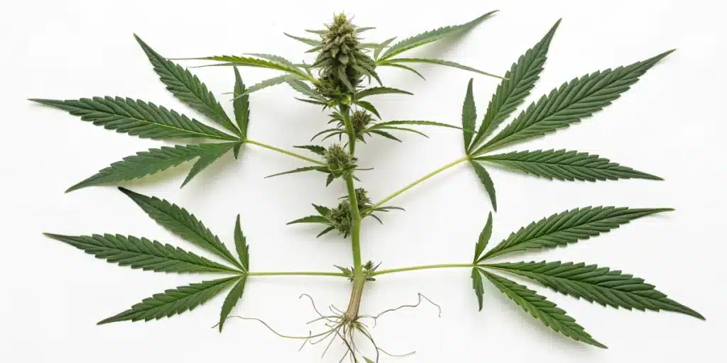 Realistic Cannabis Plant Anatomy Diagram showing labeled roots, stem, branches, leaves, and buds.