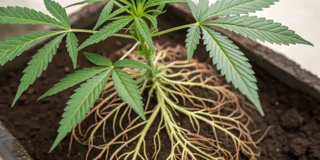 High‑resolution Cannabis Plant Anatomy Diagram illustrating a root network and vascular vessels.