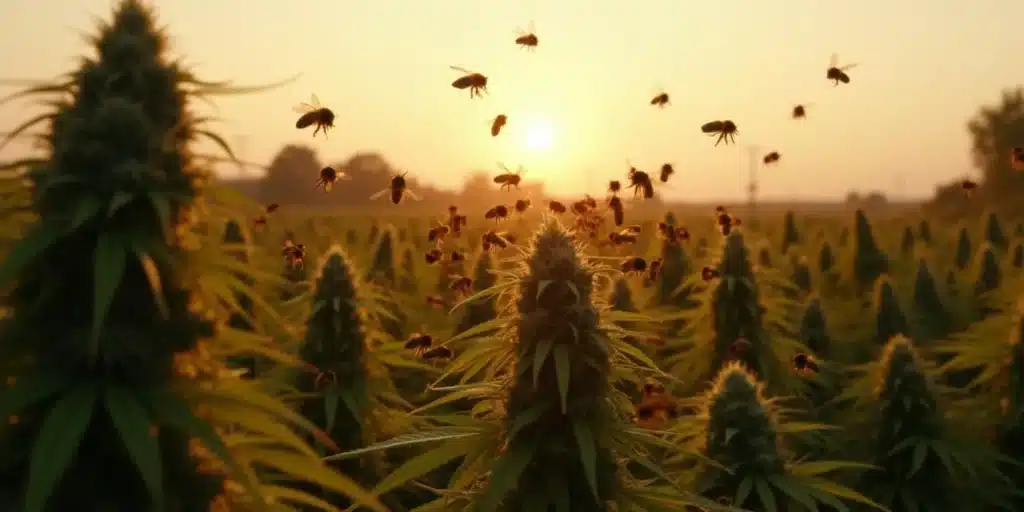 Swarm of bees flying above a cannabis field during golden hour.