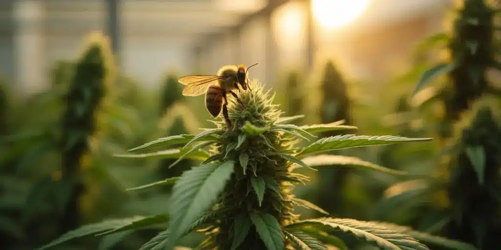 Bee pollinating a cannabis plant under soft sunset lighting in a greenhouse.