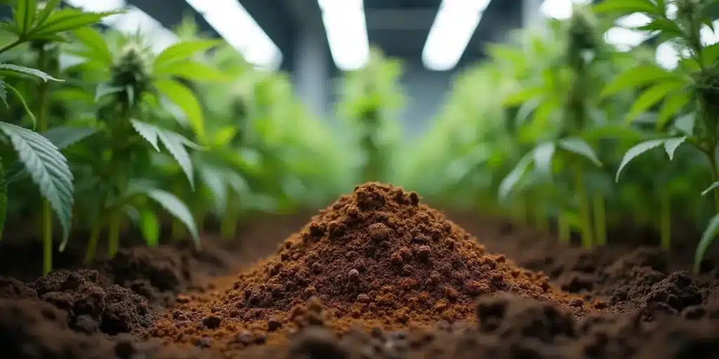 Close-up of rich soil with cannabis plants in background, ideal for coffee ground use.