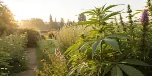 Fresh herbs and cannabis representing ashwagandha and thc in a natural setting.