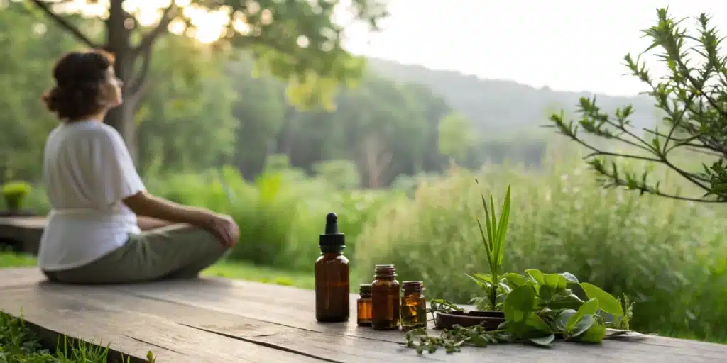 Mindful practice enhanced by ashwagandha and thc in a natural landscape.