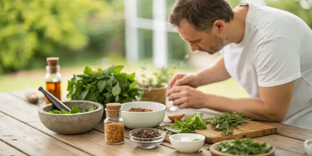 Herbal supplements arranged to represent ashwagandha and thc wellness benefits."