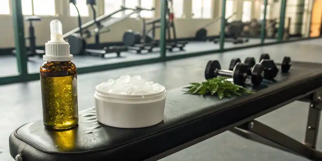 Gym recovery scene with cannabis oil bottle and CBD cream illustrating can athletes smoke weed options