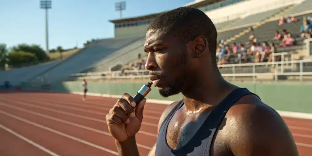 Male sprinter on a track holding a vape pen, raising the question can athletes smoke weed in sports