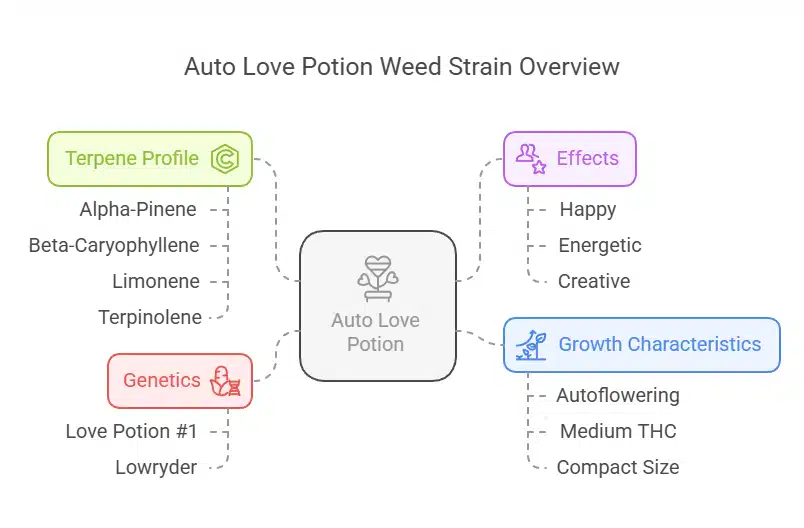 Auto Love Potion Weed strain diagram showing terpene profile, genetics, effects, and autoflowering growth traits