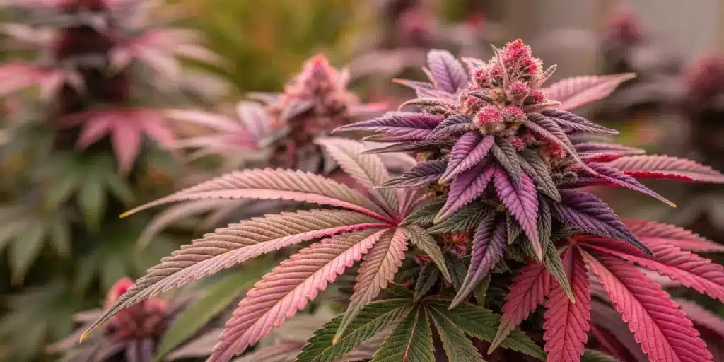 Dense Auto Love Potion Weed buds covered in trichomes, surrounded by vibrant red and purple foliage in outdoor garden