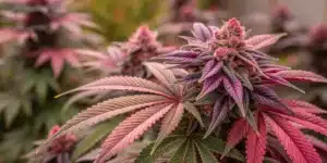 Dense Auto Love Potion Weed buds covered in trichomes, surrounded by vibrant red and purple foliage in outdoor garden