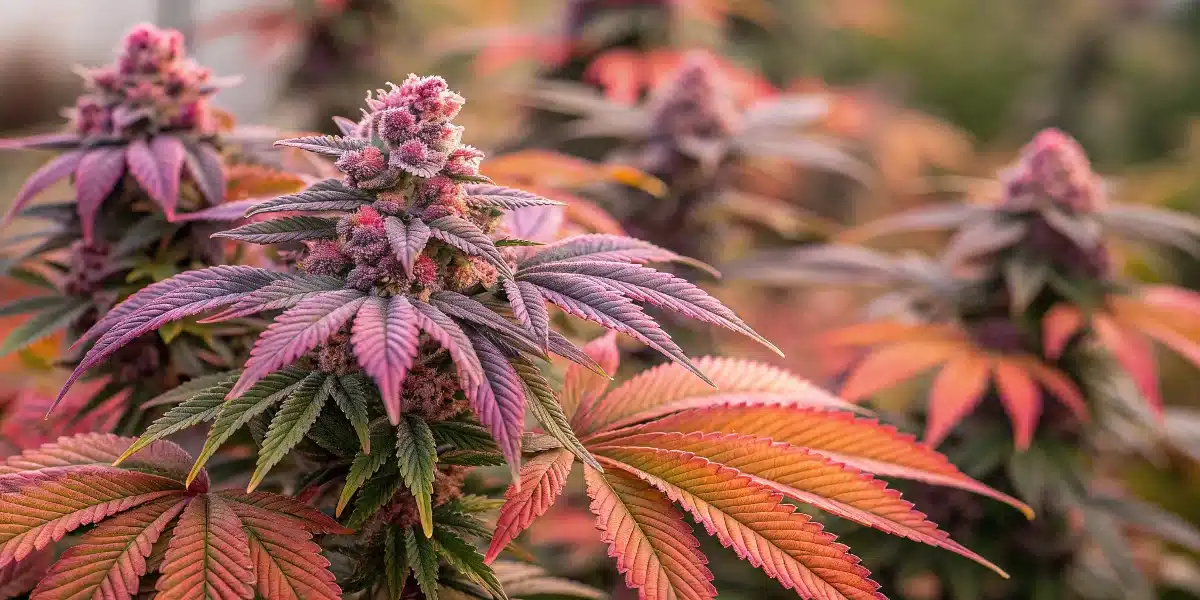 Colorful Auto Love Potion Weed plants outdoors with purple and red leaves during flowering stage under natural light.