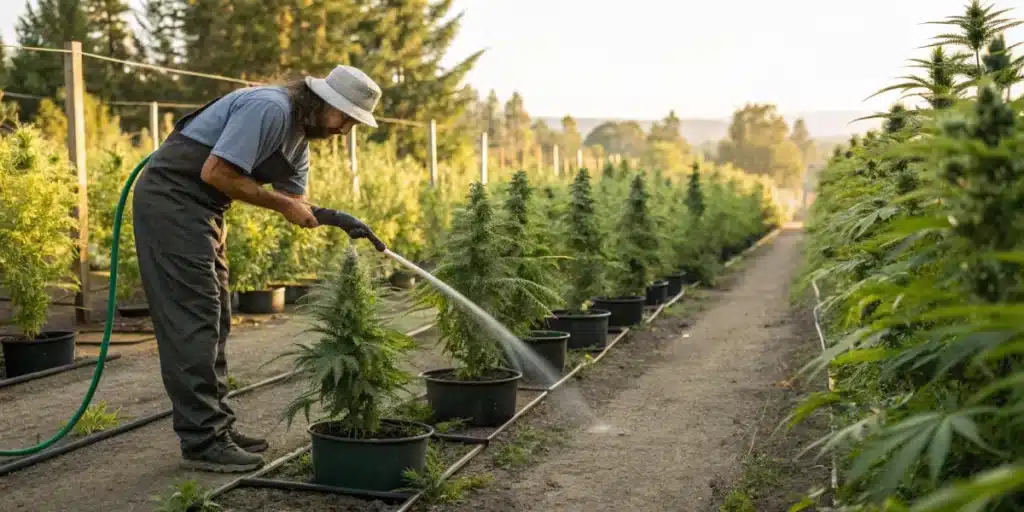 Detailed scene of boosting auxins in cannabis plants as a gardener applies organic fertilizer to promote healthy growth.