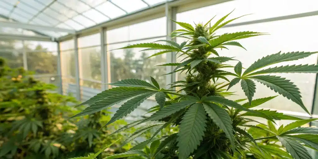 Realistic image showing boosting auxins in cannabis plants with vigorous leaf and root development.