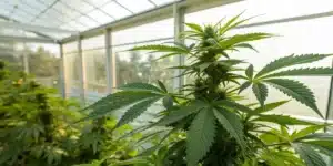 Realistic image showing boosting auxins in cannabis plants with vigorous leaf and root development.