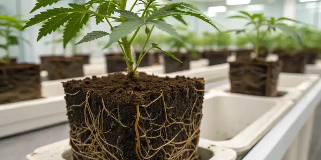 Close-up view depicting boosting auxins in cannabis plants with clear evidence of vigorous root formation and soil enrichment.