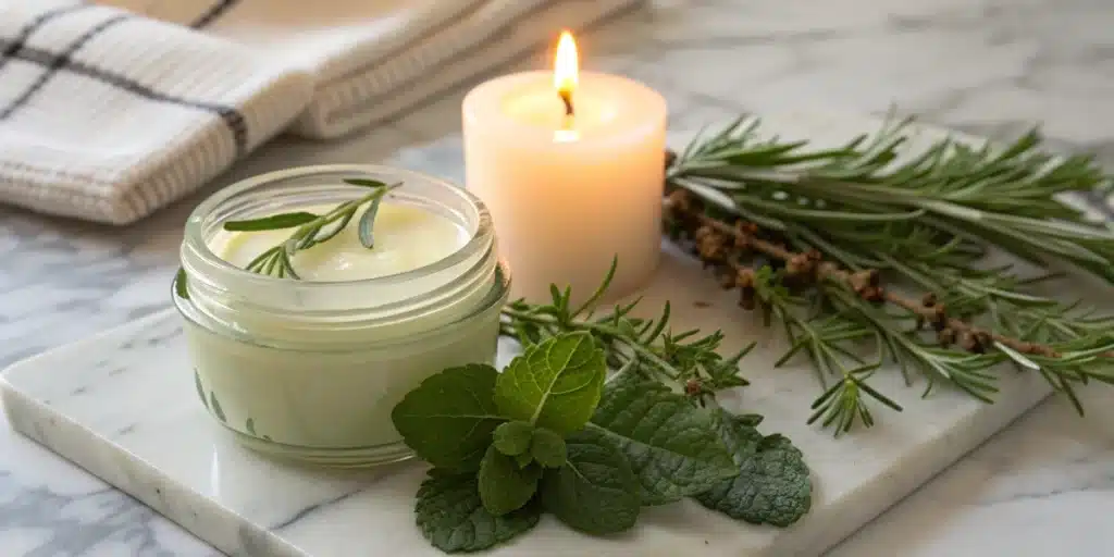 Herbal balm and candle showcasing b-caryophyllene terpene in wellness products