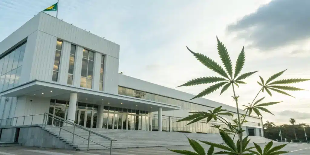 Realistic view of a Bahamian government building highlighting cannabis legal regulations in the Bahamas.