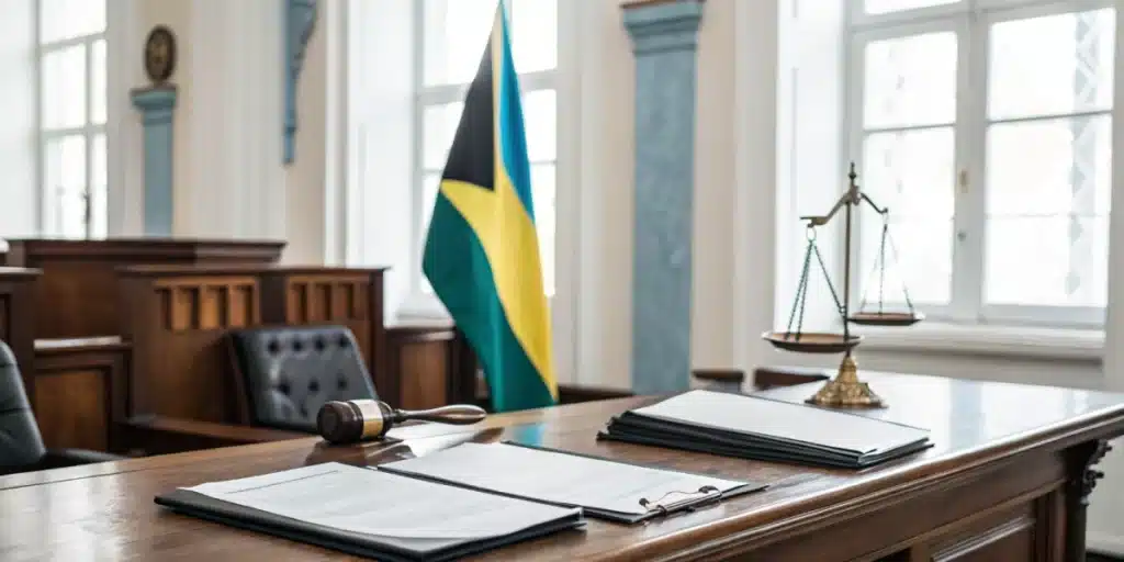 Realistic image of official documents and seals in a Bahamian regulatory setting confirming cannabis legal details.
