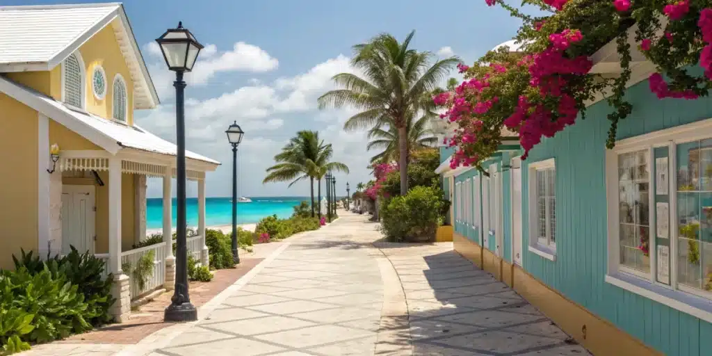 Realistic image of Bahamian street life with licensed cannabis dispensaries and visual cues regarding cannabis legal status.